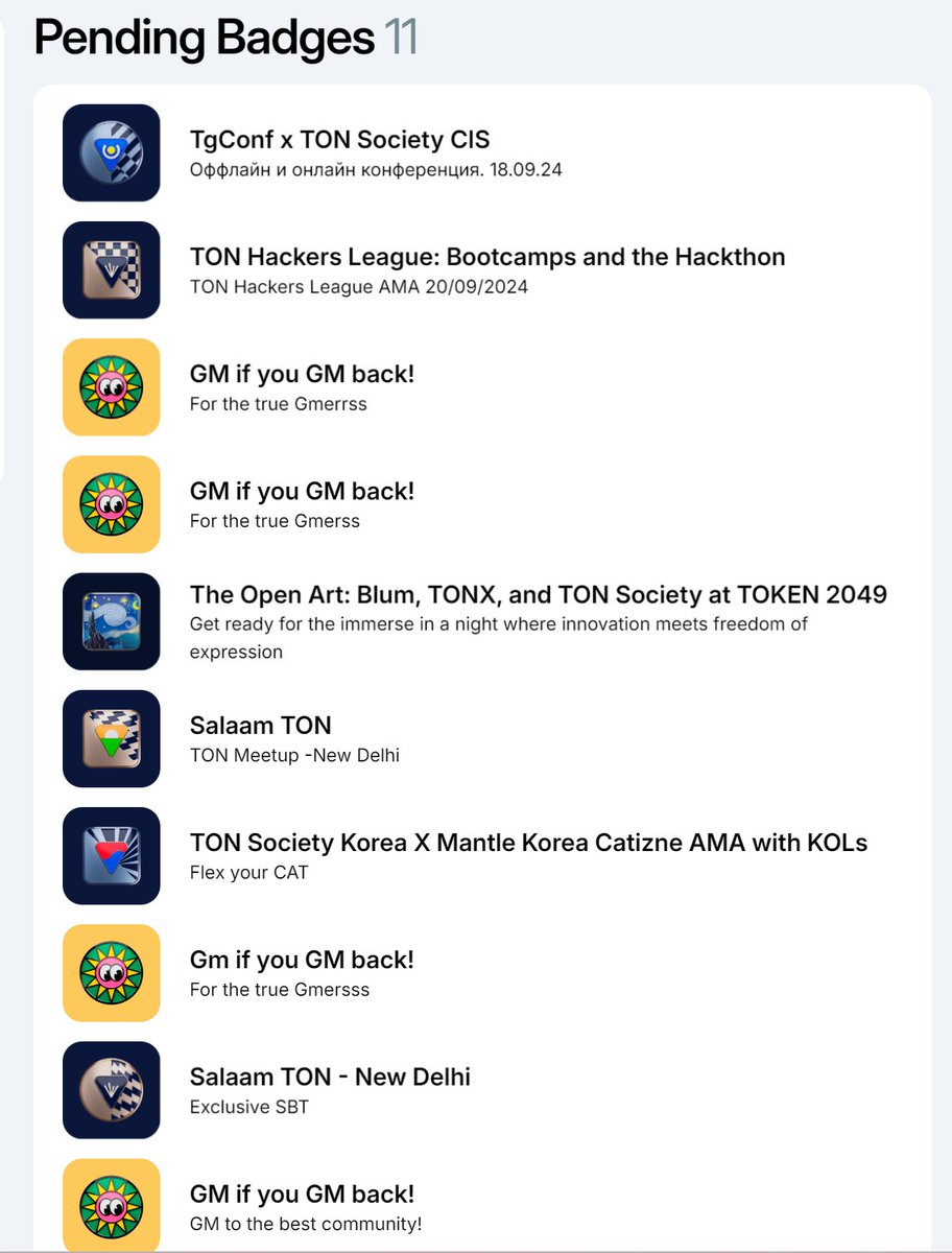火速领取！！！！！！！ 9月21日最新TON Society官方SBT勋章： 《GM if you GM back！》  🔗地址：https://t.co/Dm3K8CNyRJ 🔑密码：WatBird Pending  Badges状态属于排队发送，就算领取成功了，稍后就会空投到钱包！ TON Bird社区群组（TON生态最大中文社区）： https://t ...