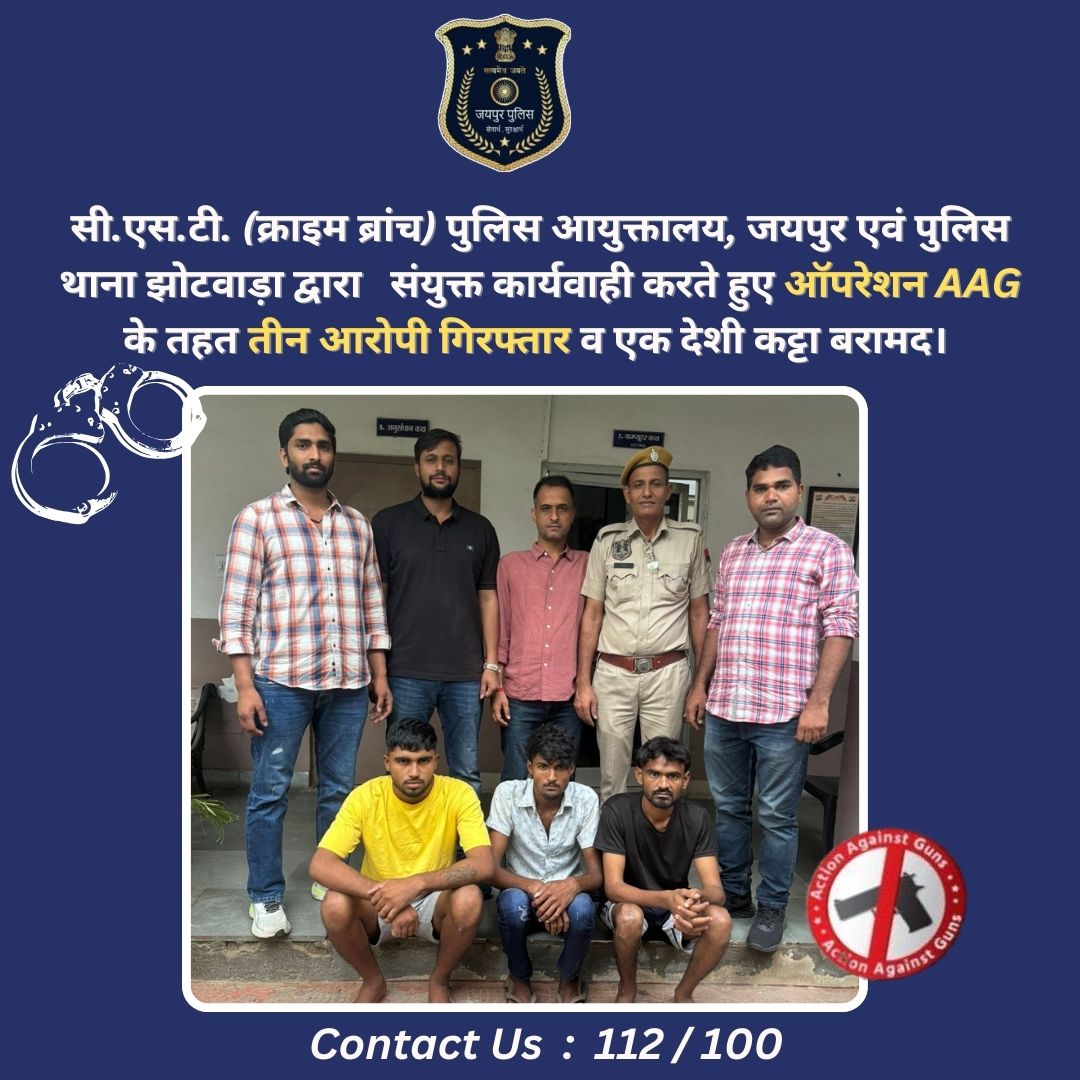 jaipur_police's tweet photo. सी.एस.टी. (क्राइम ब्रांच) पुलिस आयुक्तालय, जयपुर एवं पुलिस थाना झोटवाड़ा द्वारा संयुक्त कार्यवाही करते हुए ऑपरेशन AAG के तहत तीन आरोपी गिरफ्तार व एक देशी कट्टा बरामद। #JaipurPolice #OperationAAG #IllegalWeapons #SafetyFirst #CrimeControl #LawEnforcement #PoliceAction https://t.co/9uL4z5WB6n