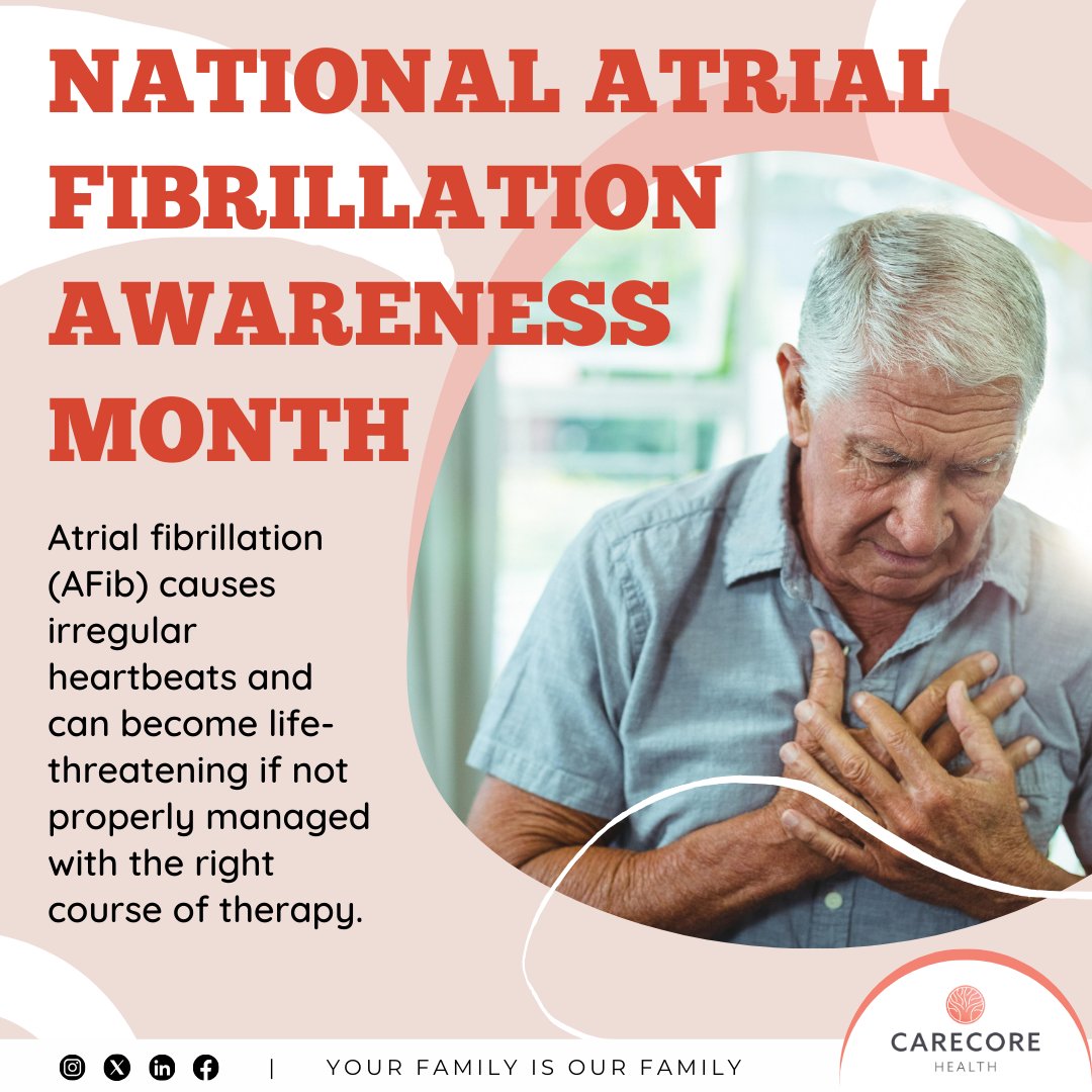 CarecoreH's tweet photo. September is National Atrial Fibrillation Awareness Month! Let's spread the word about this common heart rhythm disorder and the importance of regular check-ups. Together, we can make a difference and improve heart health! 💓💪 #AtrialFibrillationAwareness #HeartHealth https://t.co/InngtKN8Af
