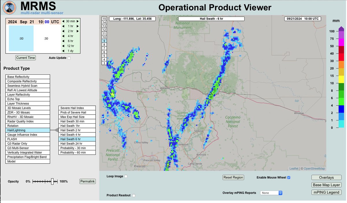 MRMS depiction of hail swaths from last night's thunderstorms over Arizona. Sub-severe dime-sized hail in Flagstaff.

#azwx