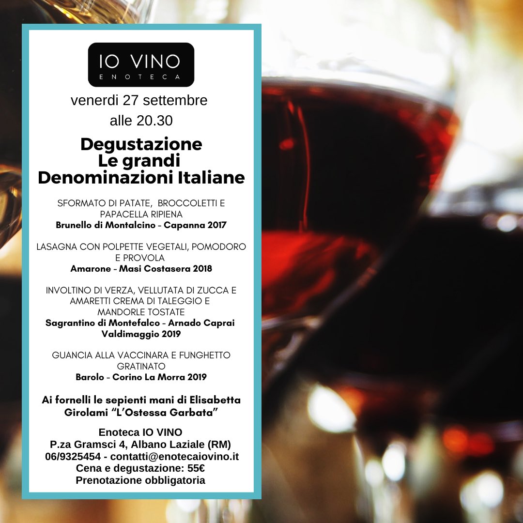 Venerdì 27 settembre – ore 20:30

Preparatevi a un viaggio sensoriale alla scoperta di quattro delle più grandi icone enologiche italiane: Brunello, Amarone, Sagrantino e Barolo.