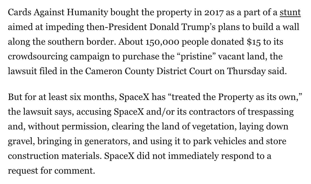 MorningBrew's tweet photo. Cards Against Humanity is suing SpaceX for $15 million for allegedly trespassing on land in Texas

While that feels like a Mad Libs, the lawsuit is very real https://t.co/a7aUcRhO2k
