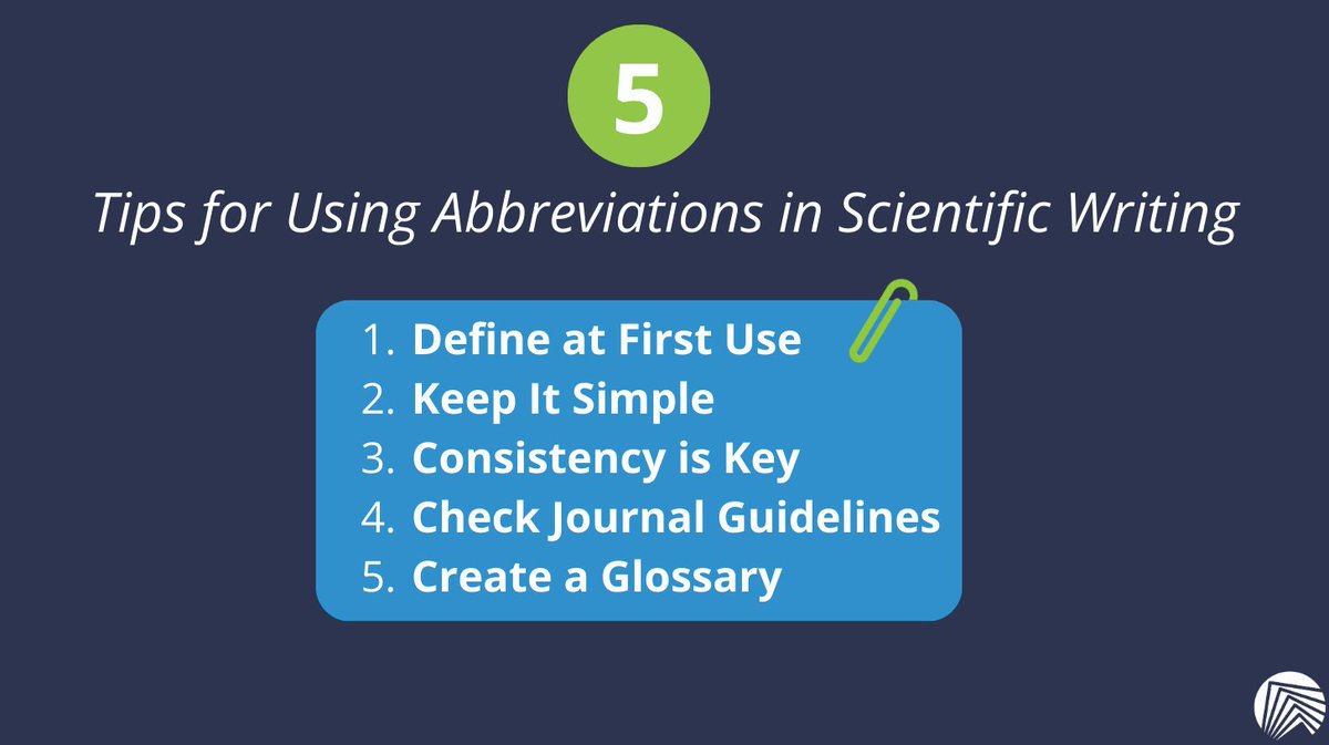 SciTechEdit's tweet image. 5 Tips for Using Abbreviations in Scientific Writing 📚

1️⃣ Define at first use (e.g., polymerase chain reaction (PCR))
2️⃣ Keep it simple
3️⃣ Be consistent
4️⃣ Check journal guidelines
5️⃣ Create a glossary for multiple abbreviations

#ScientificWriting #ResearchTips