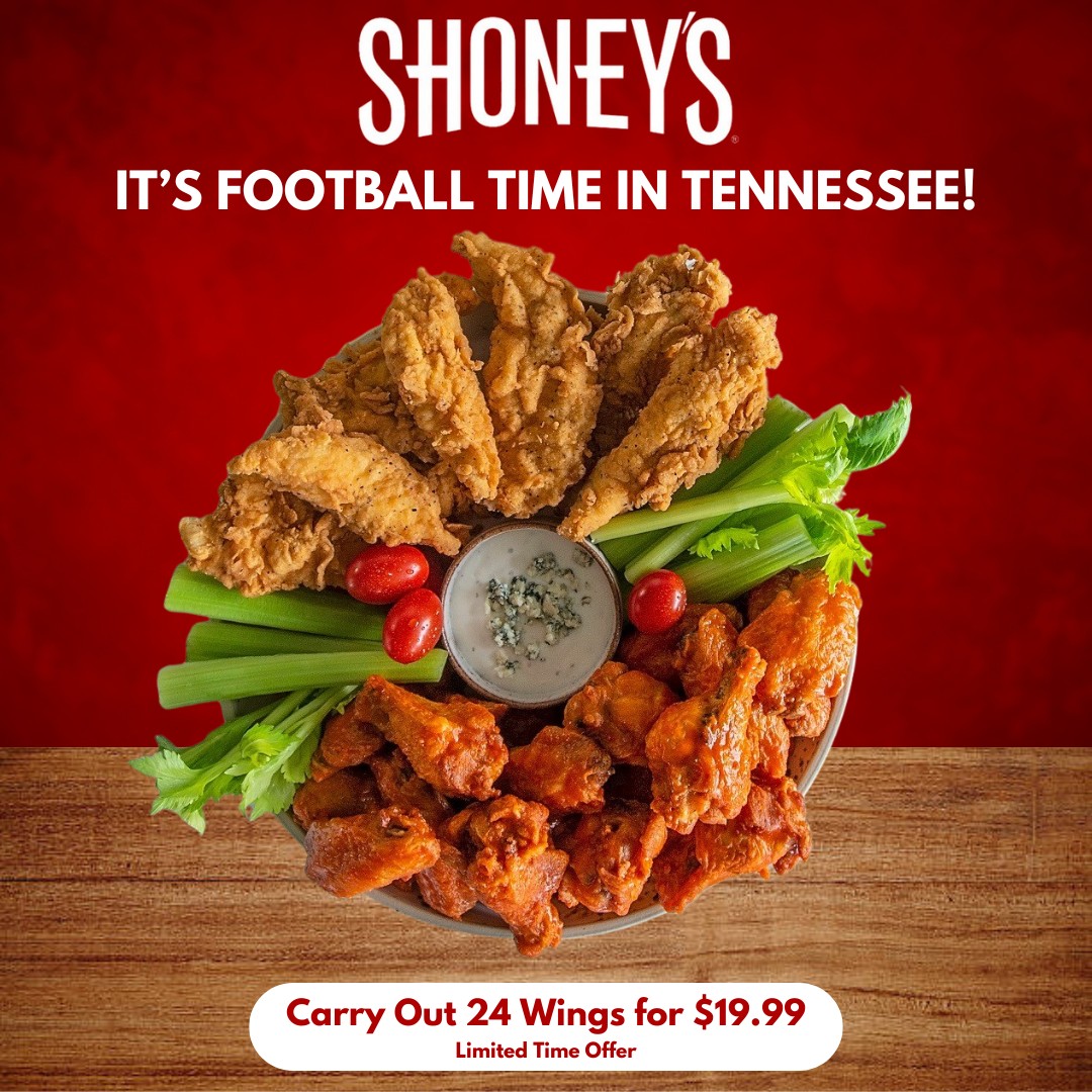 ShoneysEastTN's tweet image. 🎉🏈 It’s another football Saturday in Tennessee! Get ready to cheer loud and snack hard! Shoney’s has a limited-time deal to spice up your tailgate: 24 wings for just $19.99! 🍗✨ Don’t miss out—grab your wings and let’s go, Vols! #TailgateTime #ShoneysKnoxWings