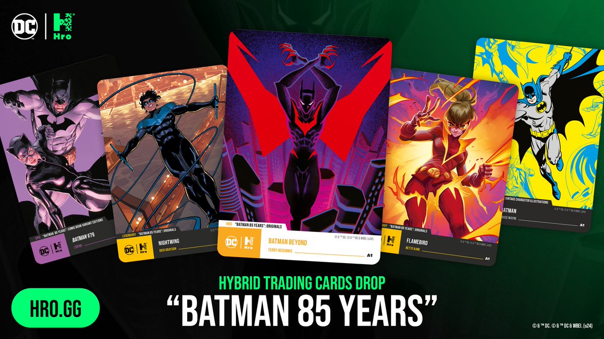 To celebrate Batman Day, we’re excited to announce that our next hybrid trading cards collection will be themed after the Caped Crusader himself as well as other epic Gotham City characters!

Pre-sale begins October 15. Read all about it in our News post 

hro.gg/dc/news/celebr…
