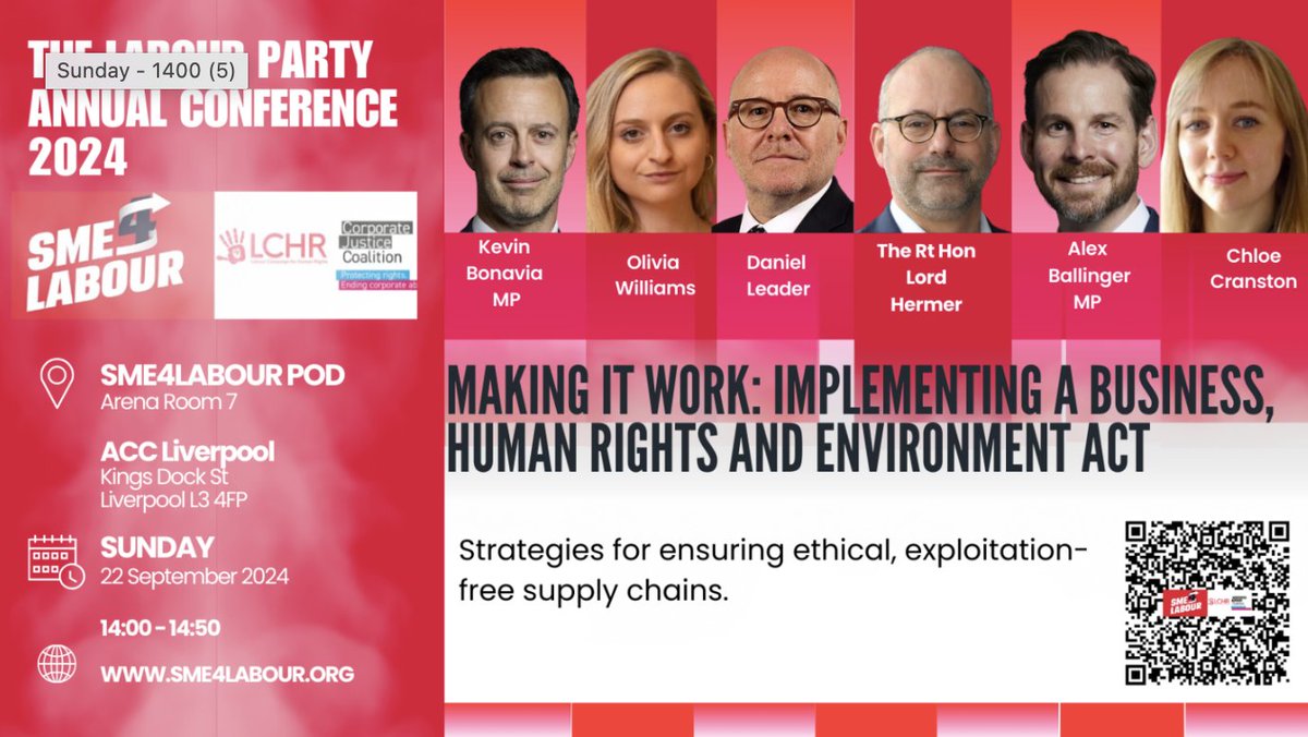 Join us to discuss how we can put an end to human rights abuses and environmental harms in British supply chains.    

With <a href="/CorpJusticeUK/">Corporate Justice Coalition</a> &amp; <a href="/SME4LABOUR/">SME4Labour</a>, we'll be joined by <a href="/attorneygeneral/">Attorney General's Office</a> <a href="/AlexBallingerMP/">Alex Ballinger MP</a> <a href="/kevinbonavia/">Kevin Bonavia MP</a> <a href="/chloe_cranston/">Chloe Cranston</a> &amp; <a href="/DanielLeaderLD/">Daniel Leader</a>

sme4labour.org/sme-events/mak…