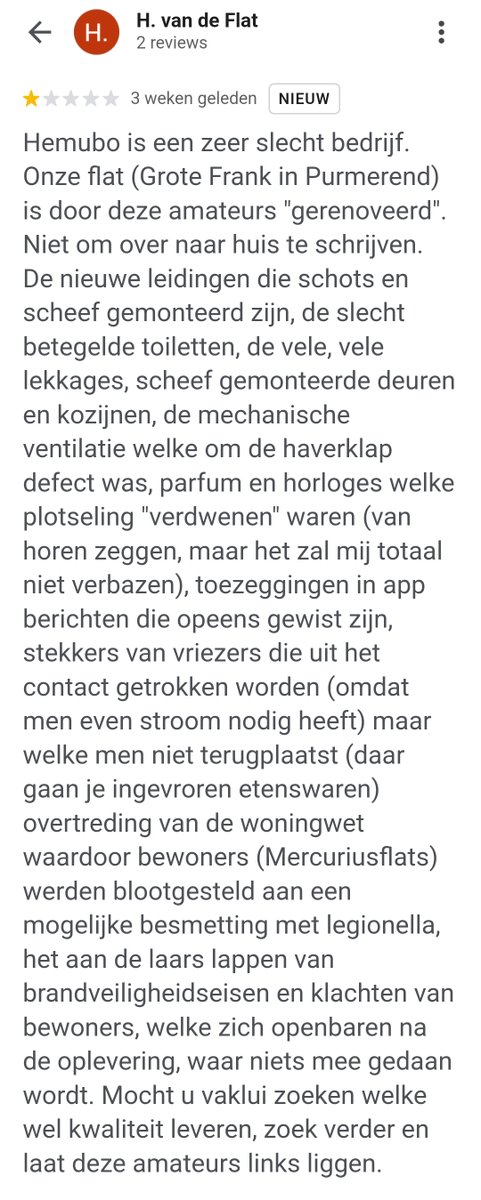 Hemubo #Bouwgajes: <a href="/davywag1/">Davy Wagenmakers</a>
"scheef gemonteerde deuren en kozijnen, de mechanische ventilatie welke om de haverklap defect was, parfum en horloges welke plotseling "verdwenen" waren, toezeggingen in app berichten die opeens gewist zijn..."

#Goedemorgen