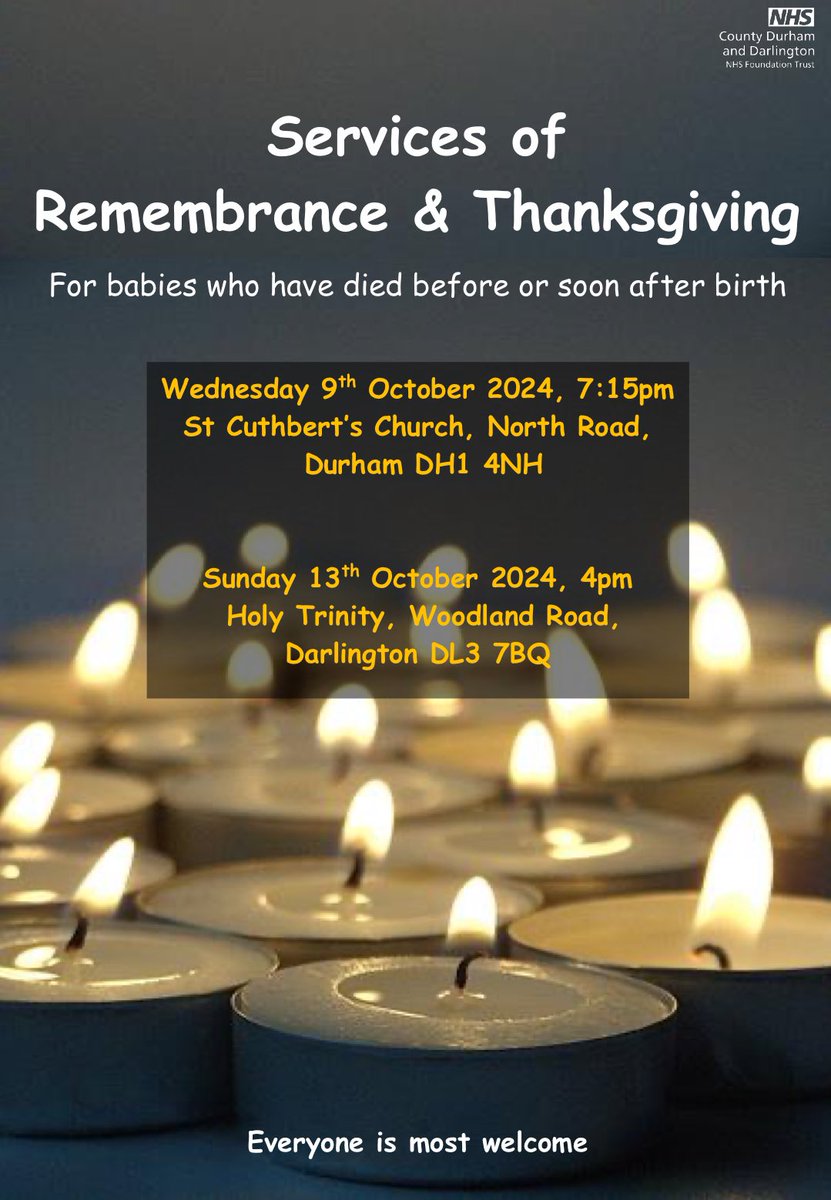 See below 👇 
Details of upcoming Memorial Services at Durham &amp; Darlington.  These are open to anyone who has any connections to those areas, the hospitals or lives in the areas #babyloss #rememberance