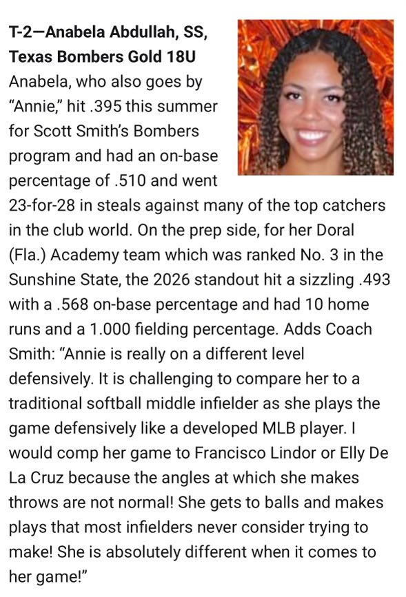 AnabelaA2026 (@a2026anabela) on Twitter photo Thank you so much <a href="/LineDsoftball/">Line Drive Media</a> <a href="/BrenttEads/">Brentt Eads</a> for the recognition, there are so many talented players in the class of 2026. Happy to be ranked amongst this group! <a href="/TXBombersGold18/">Texas Bombers Gold 18u</a> <a href="/bombercoach/">Scott Smith</a> Thank you so much <a href="/LineDsoftball/">Line Drive Media</a> <a href="/BrenttEads/">Brentt Eads</a> for the recognition, there are so many talented players in the class of 2026. Happy to be ranked amongst this group! <a href="/TXBombersGold18/">Texas Bombers Gold 18u</a> <a href="/bombercoach/">Scott Smith</a>