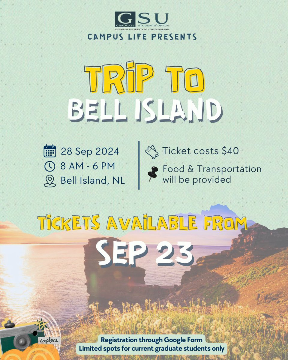 Ready to the end Fall Gradfest 2024 with a blast? 💥

Join us for an amazing day at Bell Island starting with a ferry ride, a mine tour, a beach party, beautiful scenery &amp; amazing fish &amp; chips. 

📣 Ticket sale starts at 12 PM noon sharp on Monday (September 23).