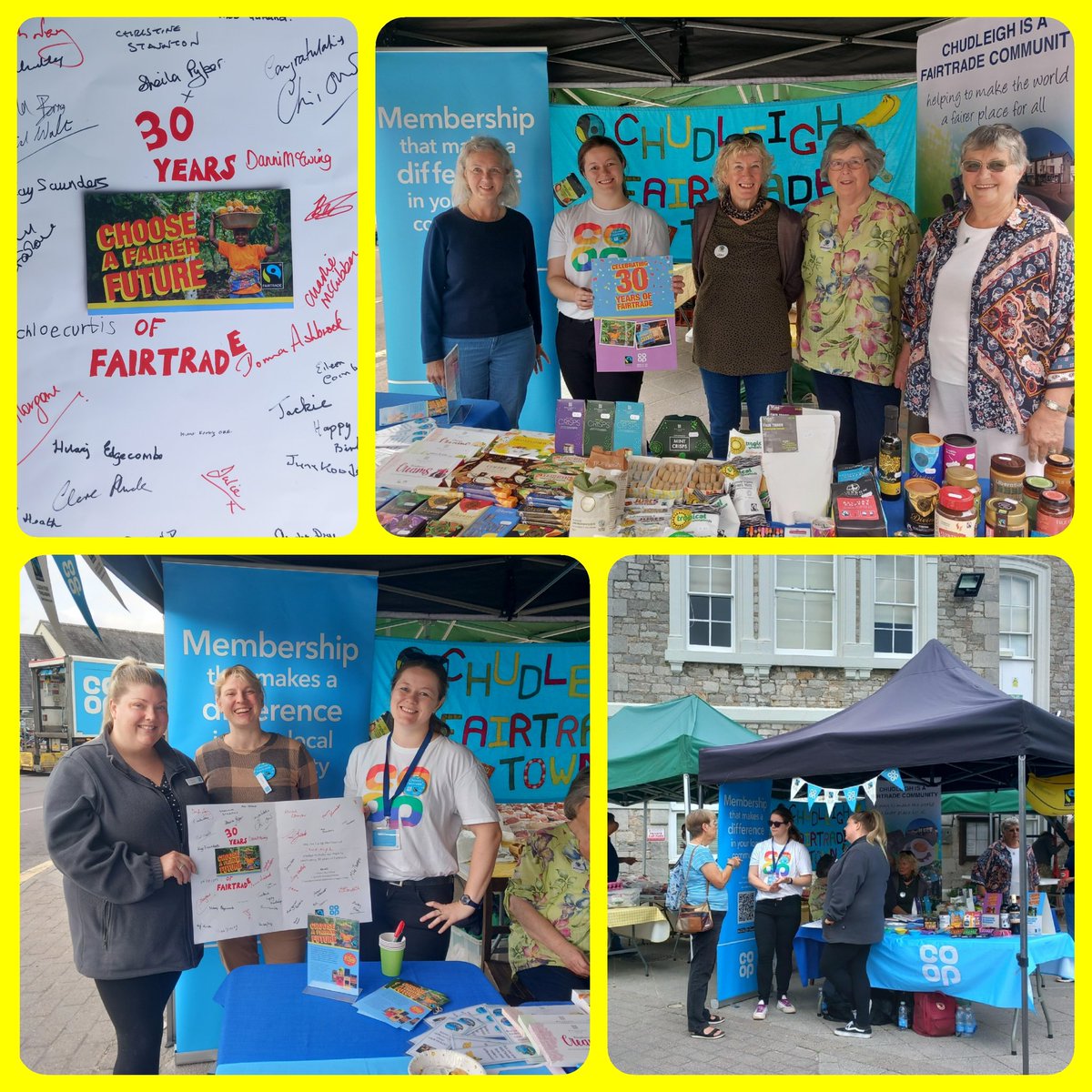 ExeCoopMPs's tweet photo. Finishing #FairtradeFortnight at charming #Chudleigh market! Great to support a fairtrade town, forge connections, offer #chocolateforchange tasters & collect members' signatures for Fairtrade's 30th birthday card - now on display in the @coopuk! 💙🍌🍫 @DanniMcEwing1 @DevonCC https://t.co/cFRu3JBYr6