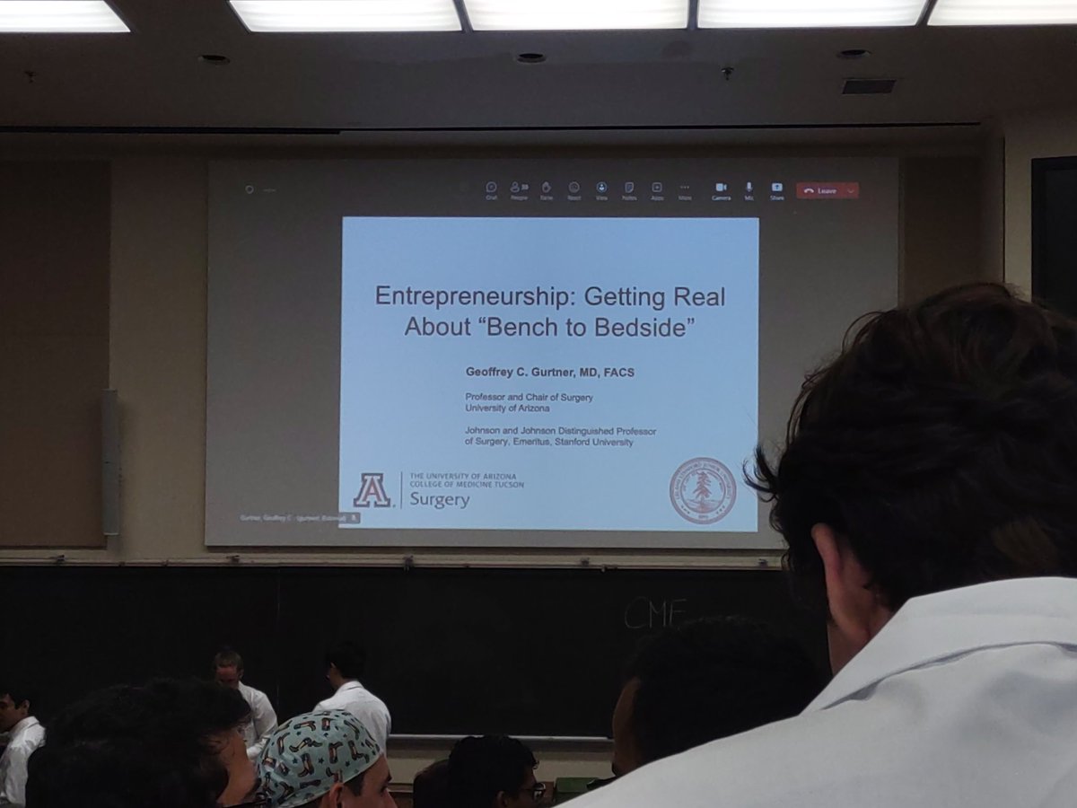 Great talk by <a href="/GeoffreyGurtner/">Geoffrey Gurtner, MD, FACS</a> on Getting Real About "Bench to Bedside" <a href="/VUMChealth/">Vanderbilt Health</a> <a href="/VUmedicine/">Vanderbilt School of Medicine</a> 
Key points
1) Have more than one idea
2) Be ready to abandon your idea
3) Invite people 
<a href="/UofAZSurgery/">University of Arizona Department of Surgery</a> <a href="/UAZMedTucson/">UA College of Medicine – Tucson</a>