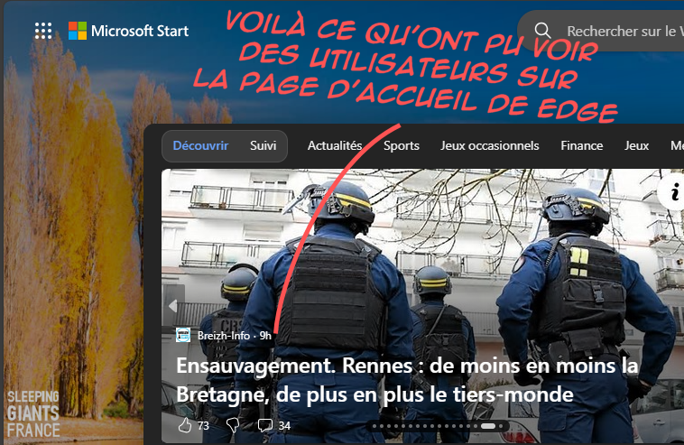 slpng_giants_fr's tweet photo. Bonjour @MicrosoftFrance,
En conservant le site d'extrême-droite suprémaciste #BreizhInfo dans votre liste de médias, vous présentez ses titres abjects à des utilisateurs qui ne l'ont pas demandé, et diffusez la haine raciste et sexiste.
SVP, revoyez vos critères !
1/5 https://t.co/0NSZ6PMAHT