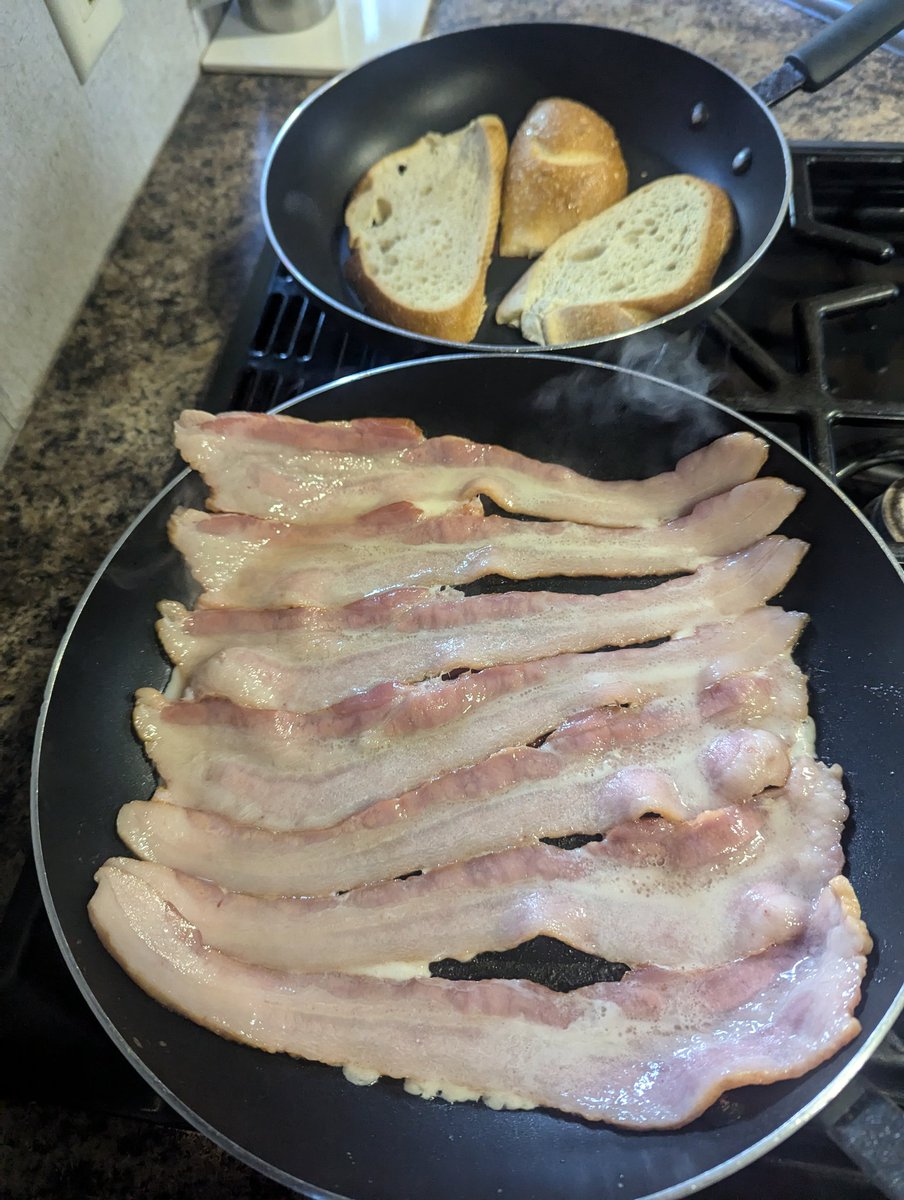 Cooking at home today. Bacon and sourdough toast. How about eggs too? 🥚 🥚 🥚 🥓🥓🥓