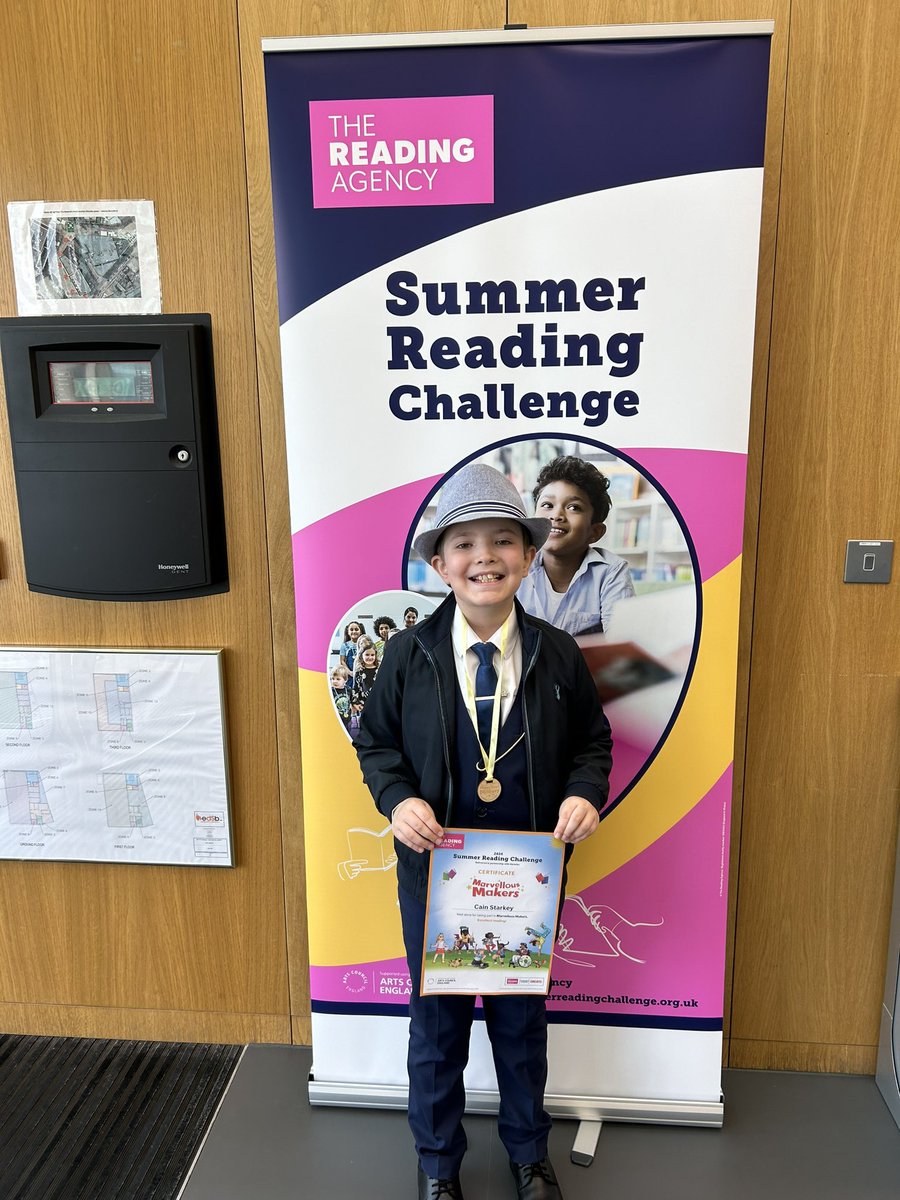 LisaStarkey20's tweet photo. @MrsGates2024 Summer reading challenge presentation this morning. He loves a medal 🥇 ❤️📚@MissLindleySPS @ShawlandsPS https://t.co/xxCWt50XjE