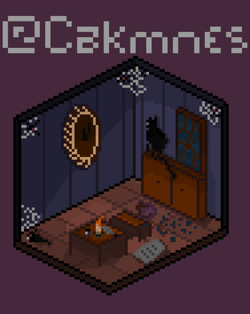 cakmnes's tweet image. An abandoned room of a writer, in which a candle was lit and a cat snuck into the room. #pixelart #isometry