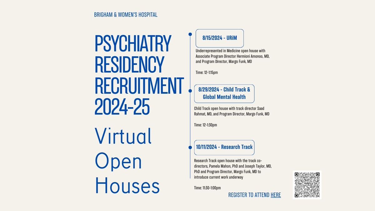 BWHPsyResidency's tweet image. One more open house! The theme is the research track, but everyone is welcome to come hang and talk about anything.
Register here:
docs.google.com/forms/d/e/1FAI…