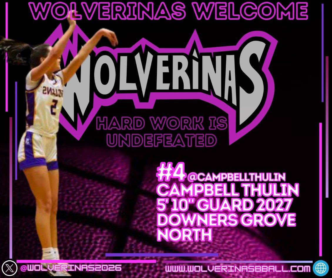 Wolverinas Basketball U17 (@wolverinas2026) on Twitter photo We are excited to announce the addition of <a href="/CampbellThulin/">CAMPBELL THULIN 2027 - 2⭐️⭐️SPORT ATHLETE 4.1GPA</a> (Class of 2027) to our U17 family! Campbell is 5'10 and attends Downers Grove HS. Welcome to the Wolverinas family and I can’t wait to get to work! 💪🏼💪🏼 We are excited to announce the addition of <a href="/CampbellThulin/">CAMPBELL THULIN 2027 - 2⭐️⭐️SPORT ATHLETE 4.1GPA</a> (Class of 2027) to our U17 family! Campbell is 5'10 and attends Downers Grove HS. Welcome to the Wolverinas family and I can’t wait to get to work! 💪🏼💪🏼