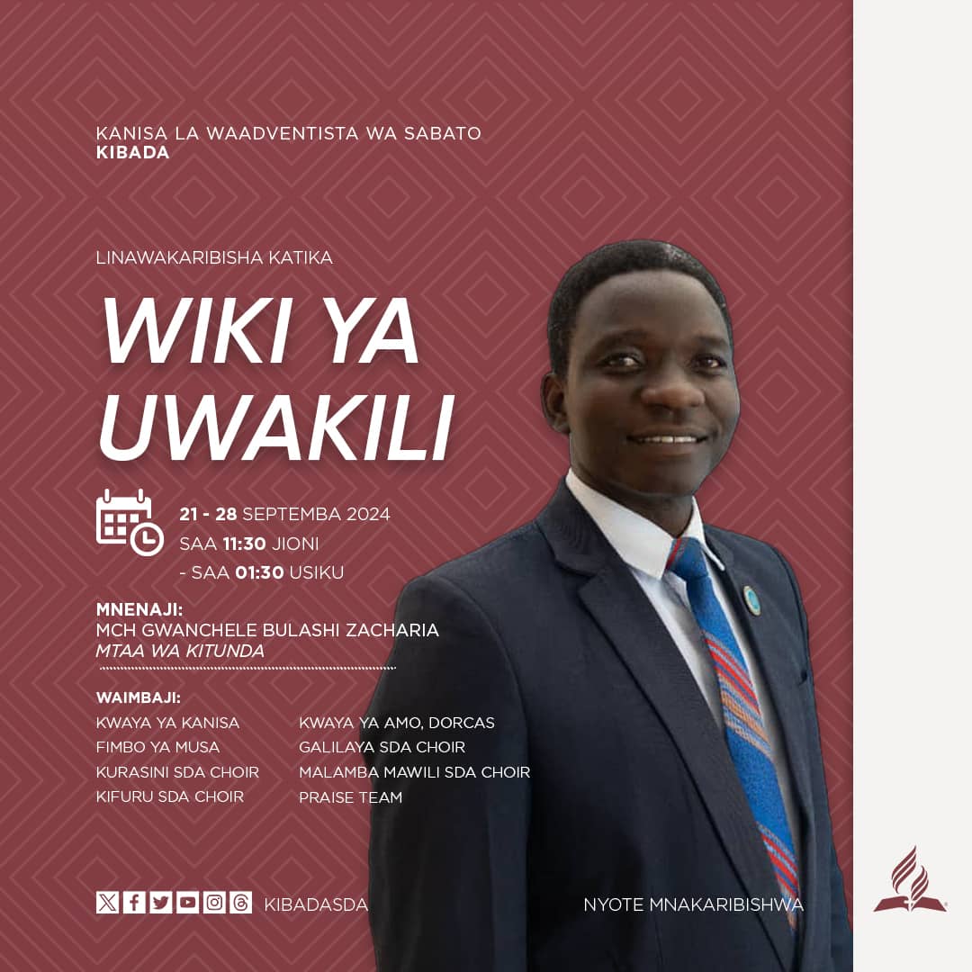 KIBADASDA's tweet photo. #Wiki ya #Uwakili
Karibuni wote kuhudhuria mafundisho haya ya Uwakili.
#KibadaSDA kila siku za wiki hii kuanzia masaa ya jioni. 

Baba wa Mbinguni akibariki! 
Nyimbo za sifa na shukrani zitaimbwa tukimtukuza Mungu wetu wa Mbinguni. https://t.co/JnDbxqzkUA