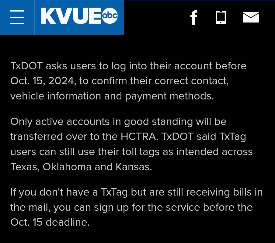 #Houston #Texans heads up: TxDoT sunsetting TxTag and transferring all users to HCTRA. Log into your account by Oct 15 to keep it active: 
kvue.com/article/news/l…