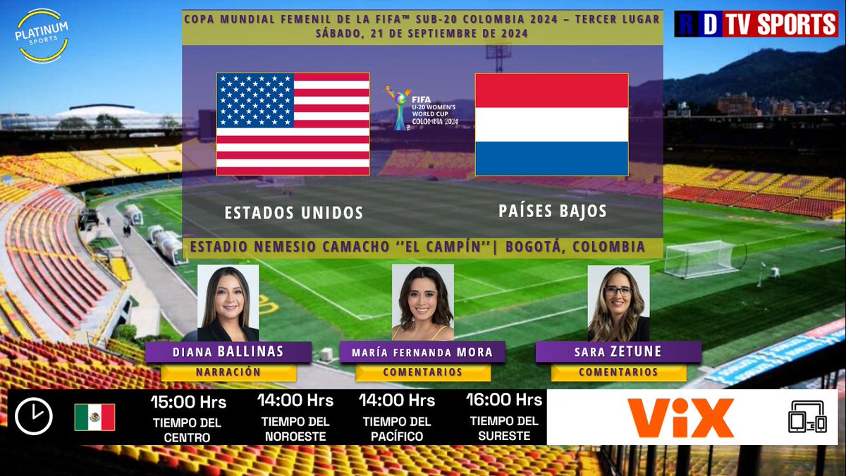 ramonovic09's tweet photo. 🇨🇴 #U20WWC 2024 #TercerLugar 🥉 | 🇺🇲 #EstadosUnidos 🆚 #PaísesBajos 🇳🇱
🗓️ Hoy
🇲🇽 ⏰ 15:00 Hrs TC, 14:00 Hrs TP
📱💻 @VIX
🎤 @DBallinas
🎤📝 @marifermora90
🎤📝 @Sarela8
🤳🏼 #EllasEnViX #USANED https://t.co/Qabu01RHJK
