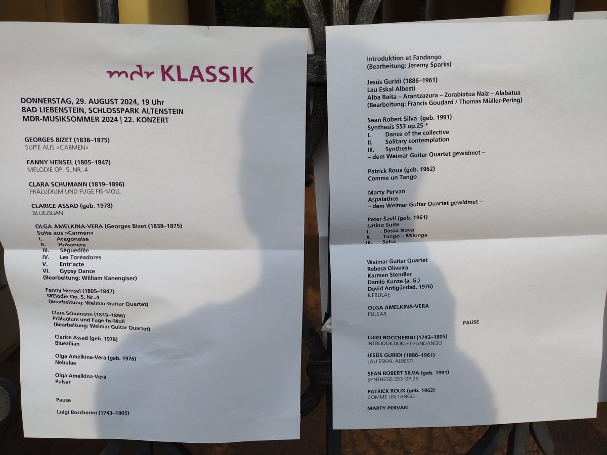 seanrobertsilva's tweet image. Synthesis, S53 Op.25 für Gitarrenquartett - Uraufführung
(Donnerstag, 29. August 2024)

Vielen herzlichen Dank an den MDR-Musiksommer und vor allem das Weimar Guitar Quartet für das wunderschöne Konzert!