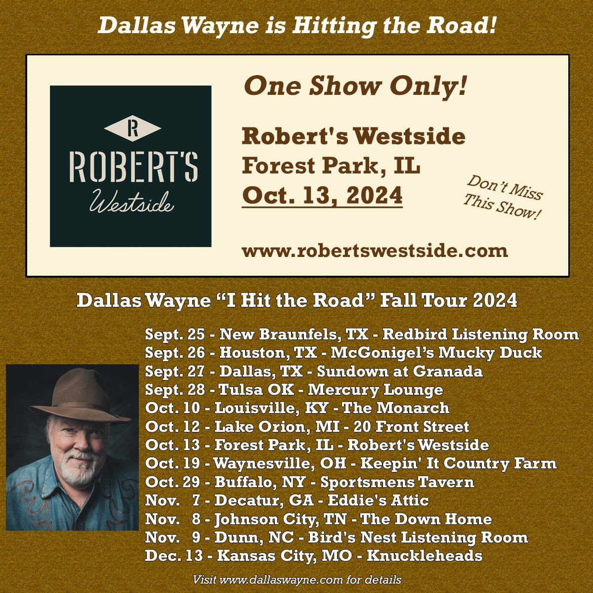 Hey #Chicago! I'm heading to Robert's Westside in #ForestPark on Sunday, October 13. Visit robertswestside.com for tickets and details. Looking forward to seeing old friends and meeting new ones!