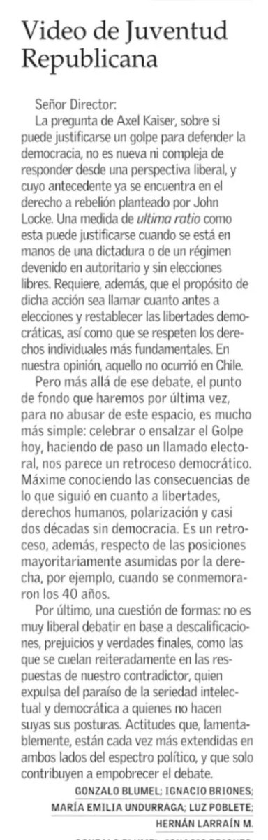 Ignacio Briones (@ignaciobriones_) on Twitter photo En debate con <a href="/AXELKAISER/">AXEL KAISER</a> sobre "Democracia liberal, golpe, dictadura y una mirada de centro derecha", nuestra carta final en @ElMercurio_cl
PD: Debatir con altura entre posturas disimiles es valioso. Por eso, si twittea, un argumento enaltece su persona y un insulto la degrada. En debate con <a href="/AXELKAISER/">AXEL KAISER</a> sobre "Democracia liberal, golpe, dictadura y una mirada de centro derecha", nuestra carta final en @ElMercurio_cl
PD: Debatir con altura entre posturas disimiles es valioso. Por eso, si twittea, un argumento enaltece su persona y un insulto la degrada.