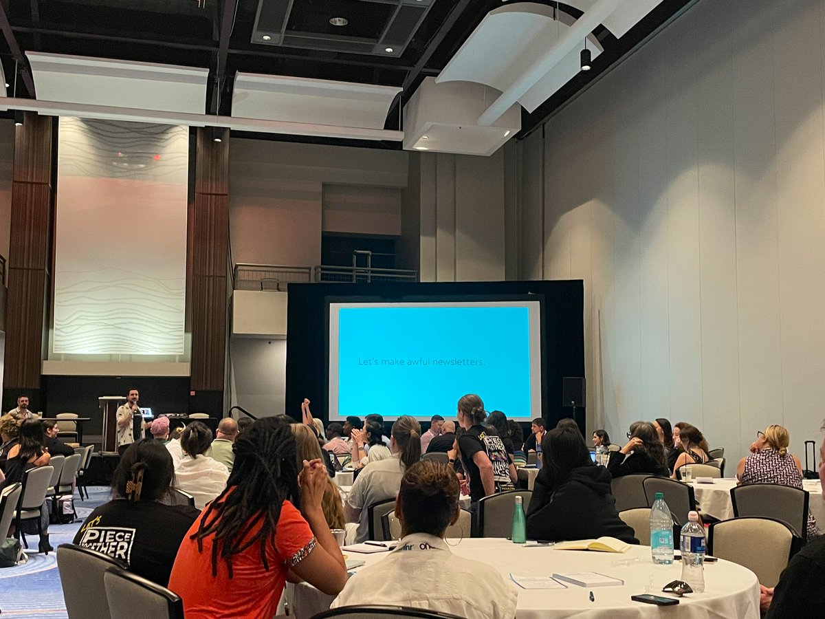 The <a href="/tryletterhead/">Letterhead</a> team is leading a session on newsletters 

They had teams come up with awful newsletters to prove a point about positioning. “Clubbing tips for expectant mothers” got a lot of love 😂

#ONA24