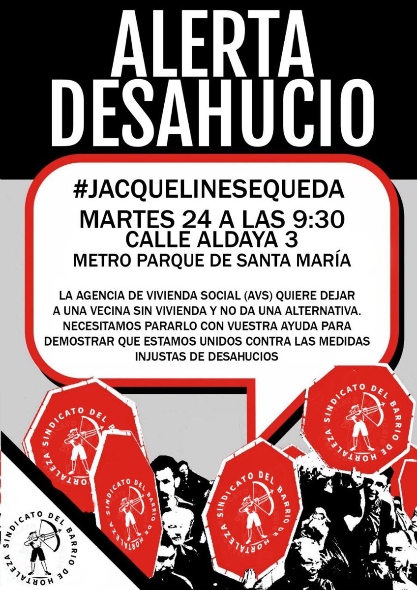 AVLaUnion's tweet photo. 📢Paremos este desahucio!!!!��
Martes 24 de septiembre a las 09:30h calle Aldaya, 3
UVA de #Hortaleza 
#stopDesahucios #ViviendaDigna https://t.co/Gk11gnmAHl