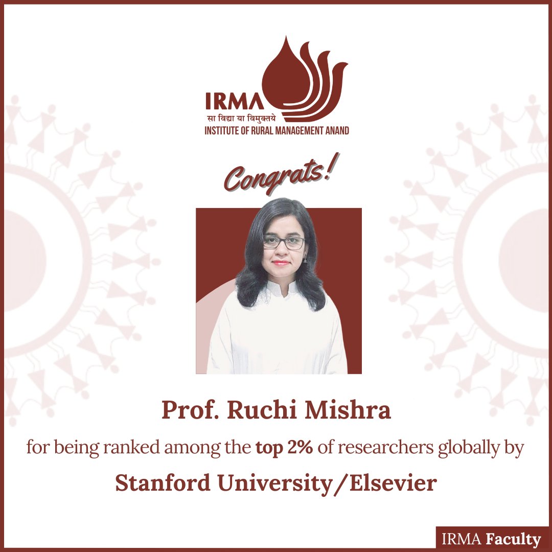 IRMAOfficial79's tweet image. Congratulations to Prof. Ruchi Mishra, who has been ranked among the top 100,000 researchers by c-score, placing her in the top 2% in the sub-fields of Business Management &amp;amp; Operations Research, according to the Stanford University/Elsevier ranking.

#IRMA #FacultyHighlight