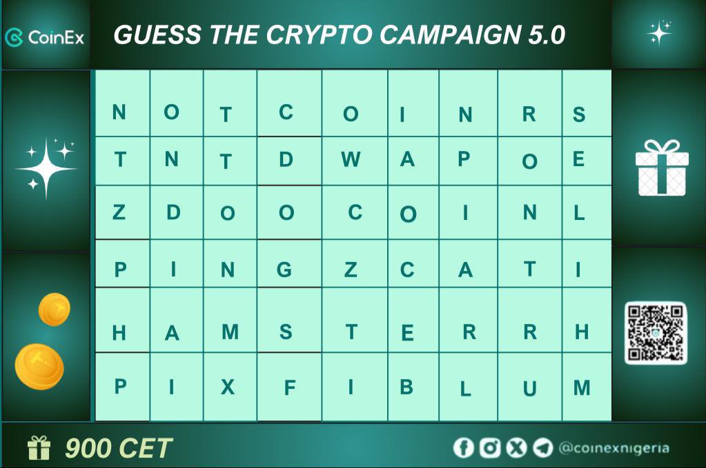 Guess the Crypto Campaign 🔔

Solve the #puzzle below and highlight 3 Tap-To-Earn Coins listed on #CoinEx

To win 🏆 
✅Follow @CoinExNigeria
✅Like Retweet &amp;Tag 2 Friends 
✅Comment 3 Tap-To-Earn Coins you see with #CET  #Crypto #Blum #hamster #CATI #DOGS

Contest ends 28th