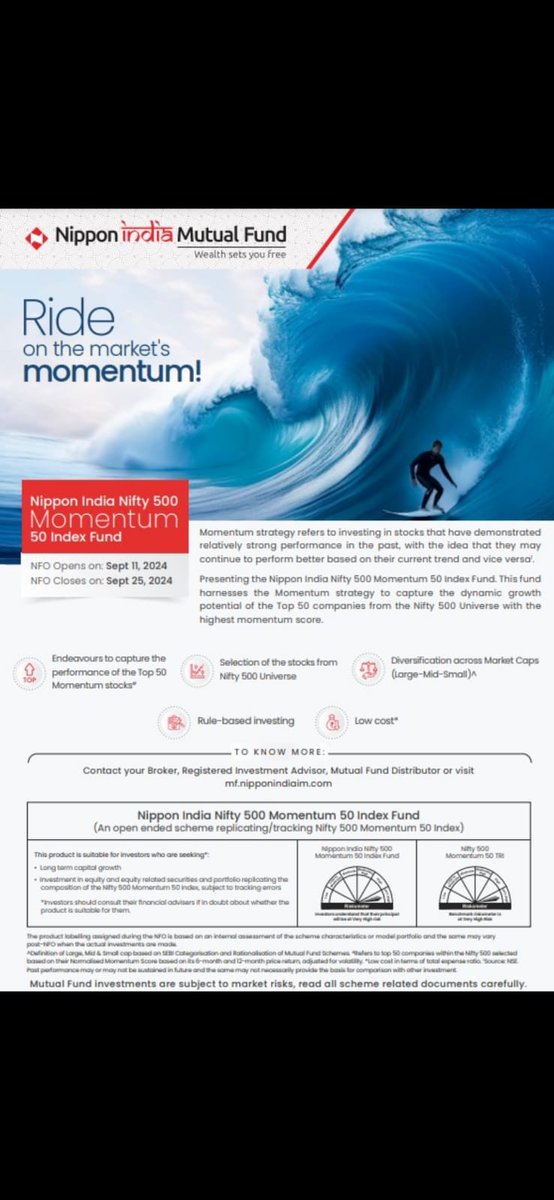 DhruvHiremath's tweet photo. Ride the wave of momentum with Nippon India Nifty 500 Momentum 50 Index Fund! Capture the potential of top-performing stocks. NFO open till Sept 25. Invest now! #NipponIndia #MomentumInvesting #MutualFunds 📈 https://t.co/dZFHyqQlmJ