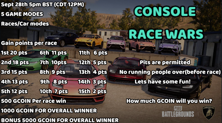 sPige0n's tweet photo. PUBG CONSOLE RACE WARS!  
28th Sept - saturday 5pm uk - 12 cdt 
8500 GCOIN UP FOR GRABS! 
5 modes - races/sprints/death match 
Drive clean or drive dirty 
Most points takes the title
 (ALL codes are console only) 
RETWEET if you're in!
#PUBG https://t.co/b7yP0F5zhH