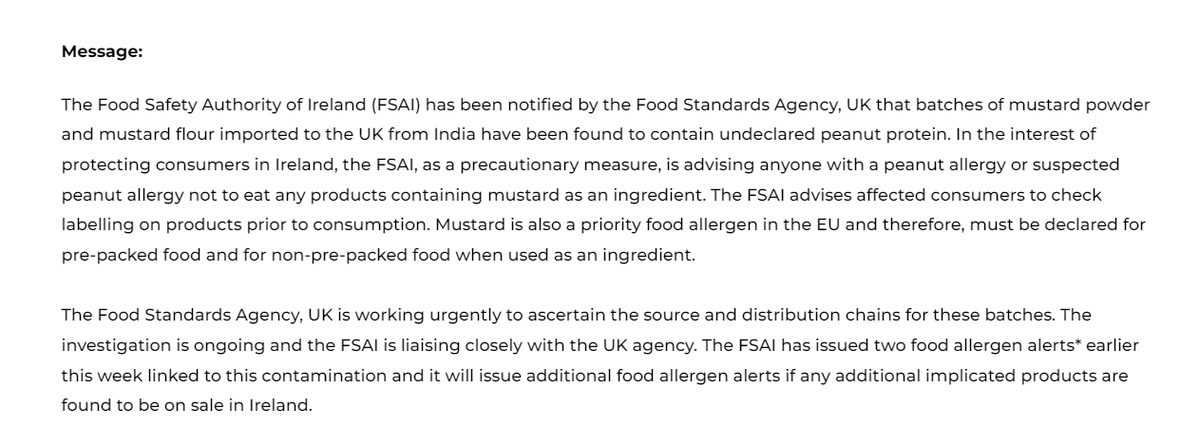 #PeanutAllergy Alert!  The <a href="/FSAIinfo/">FoodSafetyAuthority</a> &amp; <a href="/foodgov/">Food Standards Agency</a> are advising anyone with a peanut allergy not to eat any products containing mustard as an ingredient due to contaminated mustard ingredients until further notice. More details below.  Share with anyone with a Peanut Allergy
