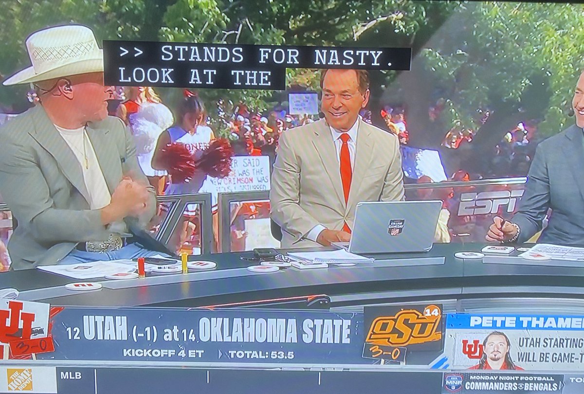 ChrisFinchFOX8's tweet photo. Pat McAfee looks like he’s in a booster seat. Tell him to drop that seat three inches. We see him. @espn #GameDay https://t.co/NOBIOQ2iLi
