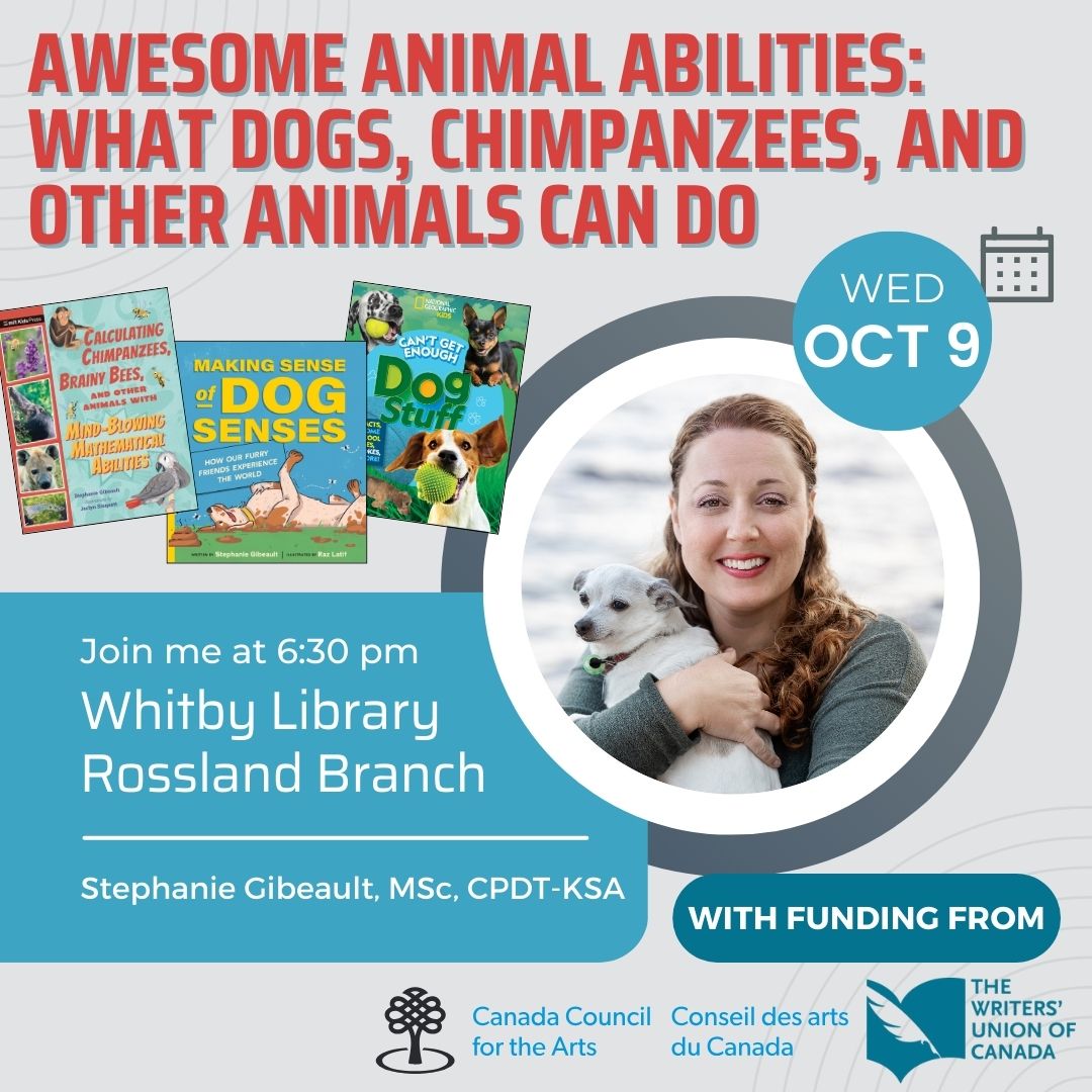 If you're in the Durham region, please join me at the Rossland Branch of the <a href="/whitbylibrary/">Whitby Public Library</a> on October 9 to talk about awesome animal abilities. Can you do what a guppy or hyena can do? For grades 4-8.
Registration required: whitbylibrary.libcal.com/event/3811461