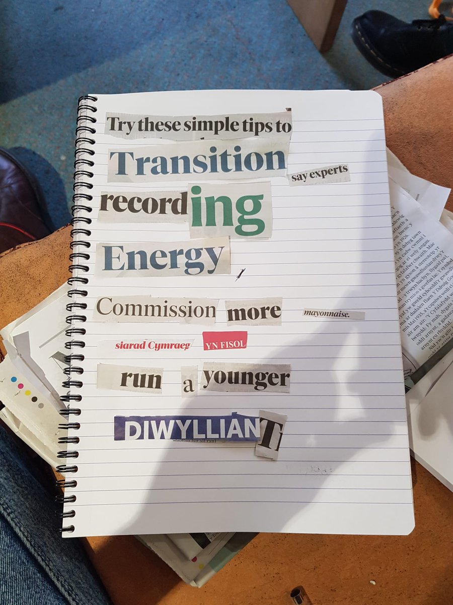 Diolch i bawb ddaeth draw i'r cylch sgwennu cwiyr di-enw yn <a href="/PalasPrint/">Palas Print</a> ac i <a href="/LlyrTitus/">Llŷr Titus</a> am sesiwn hwyliog yn chwalu papurau newydd!

Thanks to everyone who came to the unnamed queer writing group in Palas Print today and Llŷr Tutus for encouraging everyone to tear the tabloids!