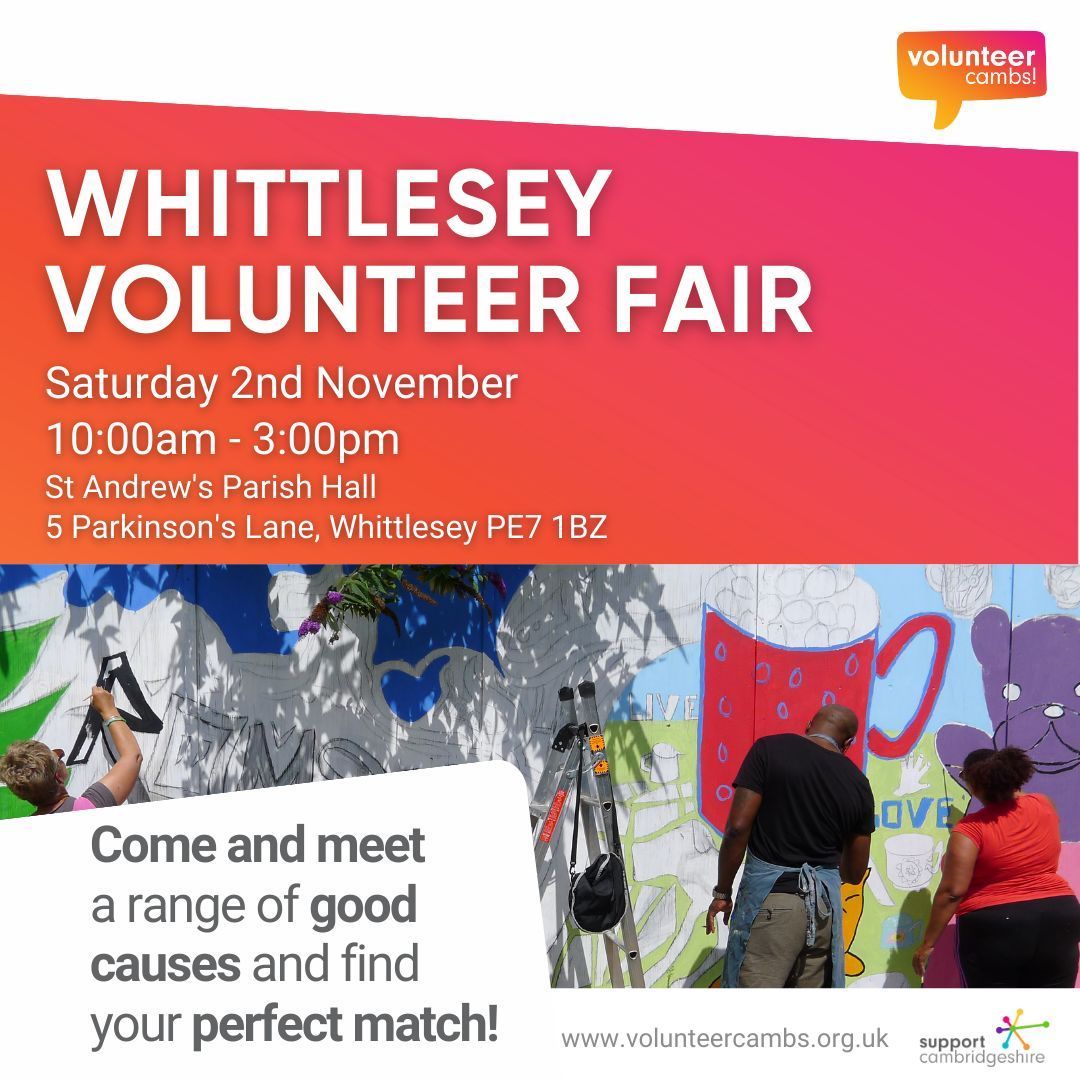 CambridgeCVS's tweet photo. Are you interested in volunteering?
 
Come and find the Volunteer Cambs team at Whittlesey Volunteer Fair on Saturday 2nd November!

St Andrew's Parish Hall, 5 Parkinson's Lane, Whittlesey PE7 1BZ 
10:00am - 3:00pm 

#VolunteerCambs #Volunteering #Fenland #Whittlesey https://t.co/sSZk0kKvrK