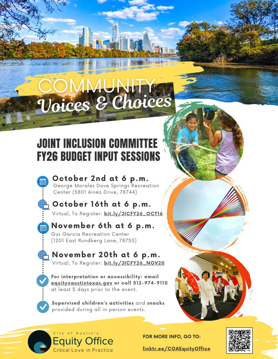 Community Voices and Choices Wanted!
The Joint Inclusion Committee (JIC) and Quality of Life Commissions are writing budget suggestions for 2026!  Please visit linktr.ee/COAEquityOffice for more information about The Community Voices and Choices opportunities. <a href="/austintexasgov/">City of Austin</a>