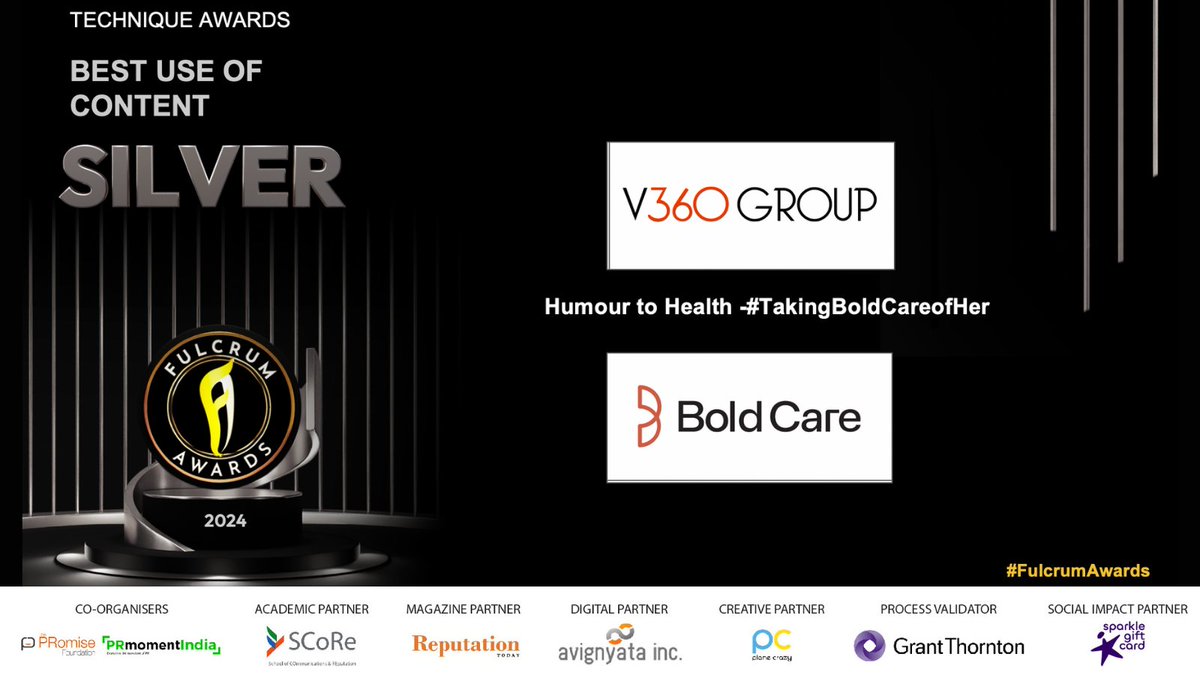 The SILVER for Technique Awards - Best Use of Content at #FulcrumAwards goes to <a href="/value_360/">V360 Group</a> for, the campaign “Humour to Health -#TakingBoldCareofHer” for Bold care.