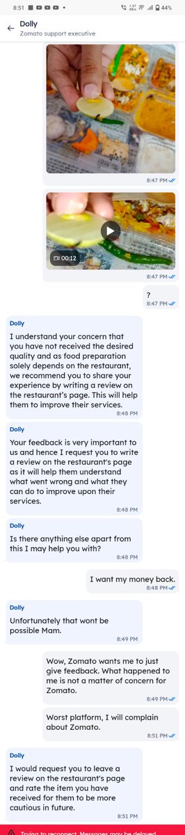 tapnish2000's tweet photo. I ordered food on Zomato and found an insect in the food. But Zomato told me to just give the feedback on the restaurant page. And they couldn't do anything else. 
When I told them to give me back my valuable money.But they said no it's not possible.  @zomatocare @fssaiindia https://t.co/9EBDeq2mgV