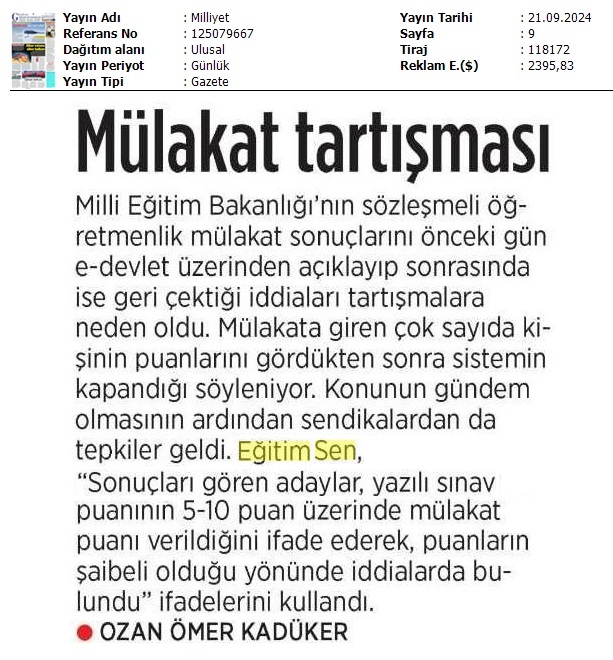 Eğitim Sen'den MEB'e mülakat tepkisi: "Tasarruf tedbirleri kapsamında 20 bin öğretmene maaş vermeyi ertelemek için her gün yeni mazeretler üreten MEB'e sesleniyoruz: Mülakat sonuçlarını açıkla, öğretmenleri görevine başlat!"