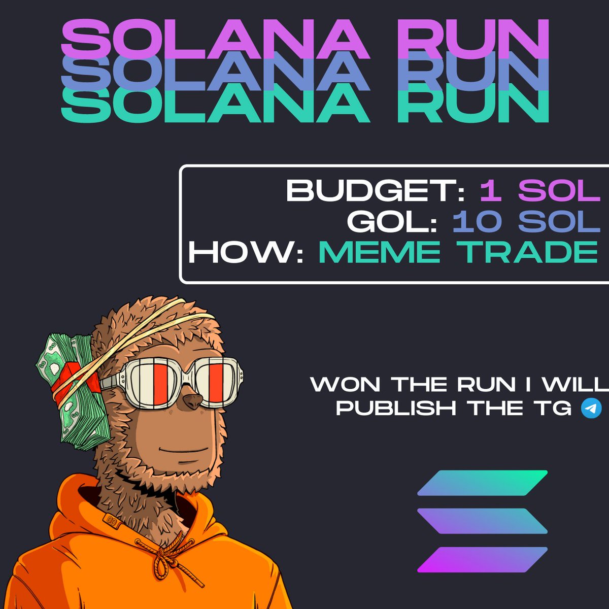 yakoNFT's tweet photo. Solana Run Challenge 🚀 

Objective: Grow 1 SOL to 10 SOL  
Method: Solana Meme Coin  
Reward: At 10 SOL, a public Telegram channel for Yako's Gang.  

#SolanaRun #YakoGang