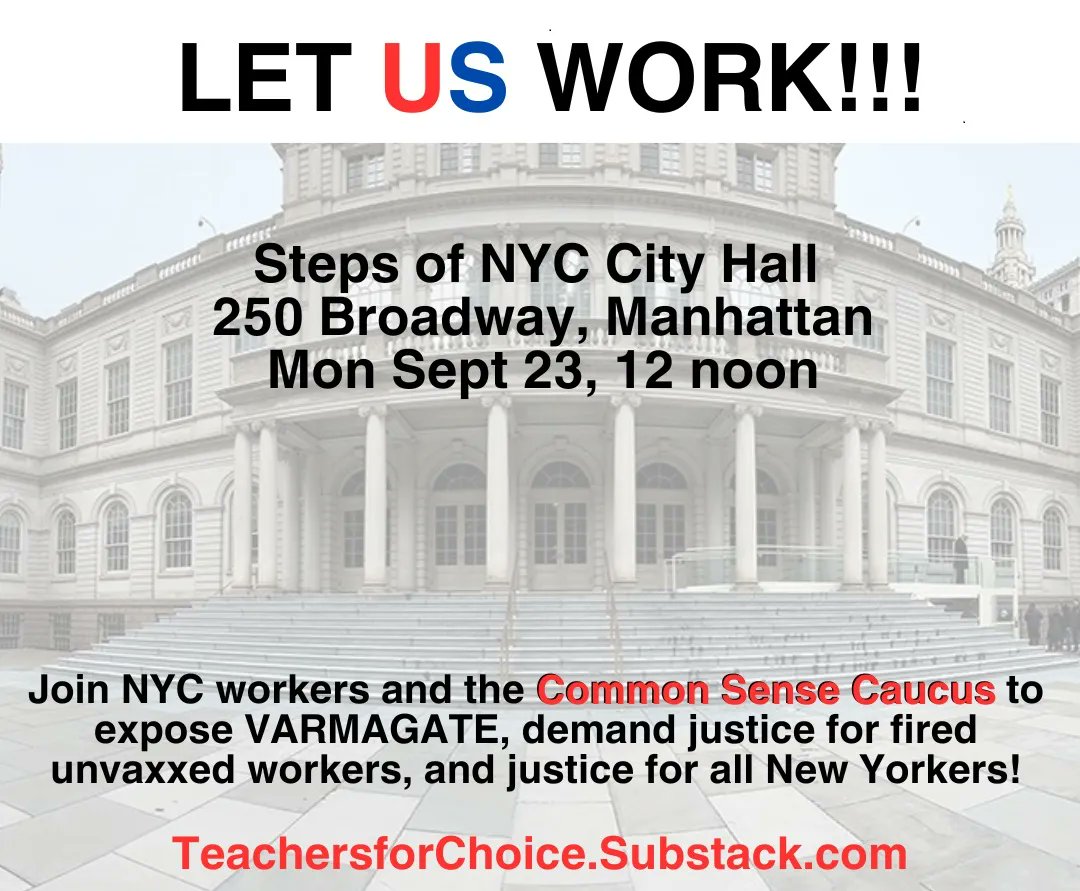teacher_choice's tweet photo. #VARMAGATE PRESS CONFERENCE in NYC
Monday, September 23, 2024, 12 noon on the Steps of City Hall
NY #WorkersforChoice, #TeachersforChoice, @bravest4choice and more standing for the rights of unvaccinated workers
Get all info here 👉 https://t.co/46xqAHllxM https://t.co/XfGtNnHwEH
