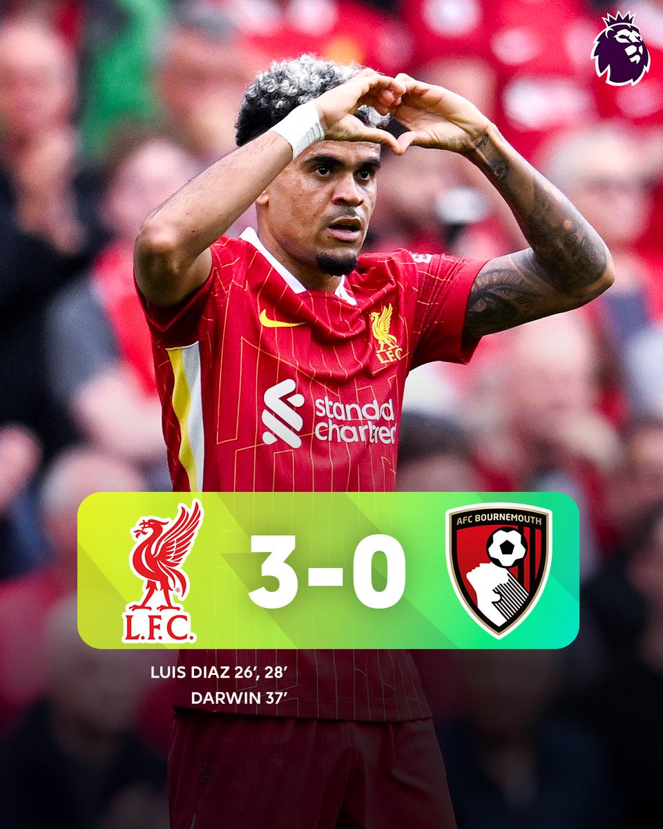 premierleague's tweet photo. Three first-half goals secure three points for @LFC 🔴

#LIVBOU https://t.co/nnjdM4NgAs