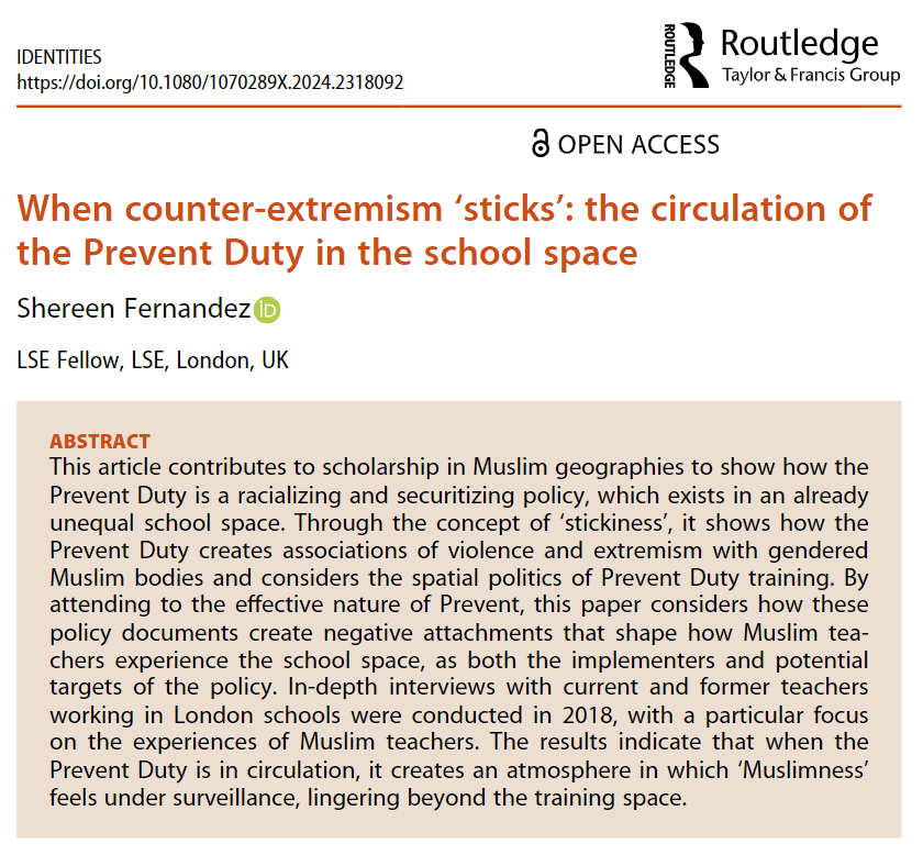 Identities: Global Studies in Culture and Power (@idjnl) on Twitter photo New from #Identities with #OpenAccess:
'When counter-extremism ‘sticks’: the circulation of the Prevent Duty in the school space' by <a href="/ShereenFDZ/">Shereen Fernandez</a>
Online with #OA ⬇️
doi.org/10.1080/107028… New from #Identities with #OpenAccess:
'When counter-extremism ‘sticks’: the circulation of the Prevent Duty in the school space' by <a href="/ShereenFDZ/">Shereen Fernandez</a>
Online with #OA ⬇️
doi.org/10.1080/107028…