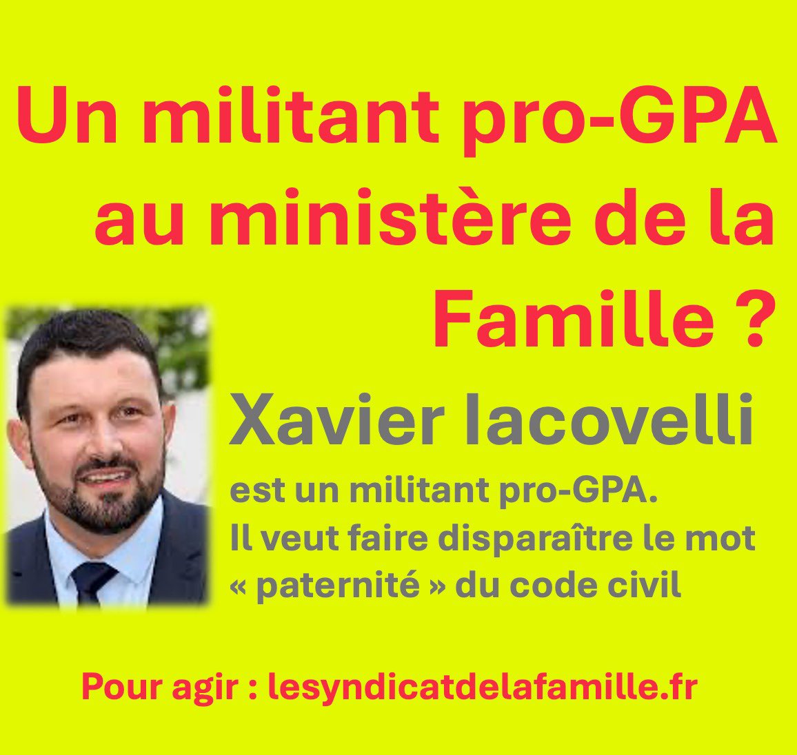 SyndicatFamille's tweet photo. COMMUNIQUÉ > Comment un militant pro-GPA qui piétine les droits des femmes pourrait-il conduire une politique en faveur de la famille ? Provocation inacceptable. #gouvernementBarnier
https://t.co/cn92z5Q6km https://t.co/TbaoGHz2Rv