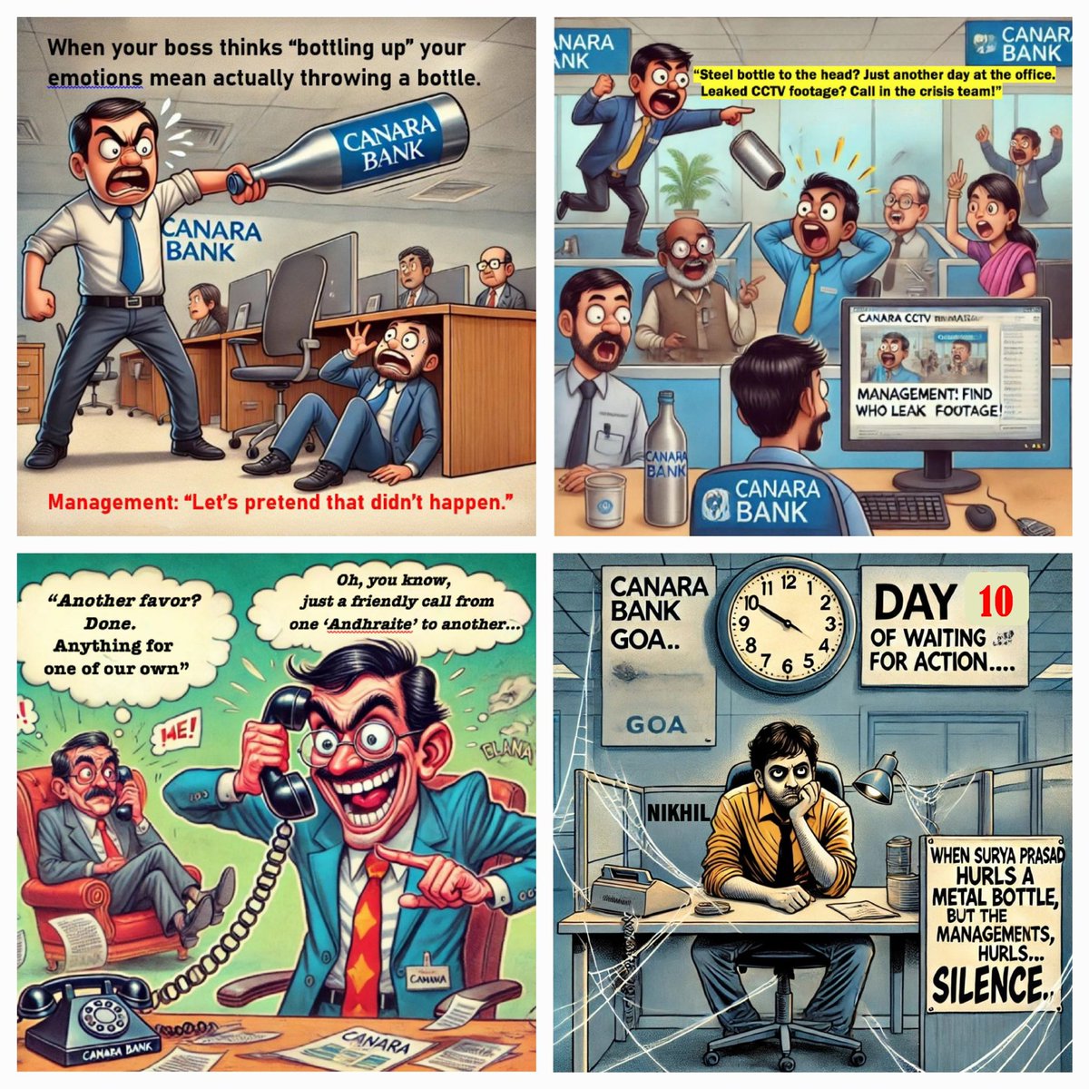 SoloInSilence's tweet photo. @Ankyghate @iamnarendranath @canarabank Surya hurls a metal bottle at Nikhil, CCTV footage leaks,and what does Canara Bank do?Hunt the real villain—the footage leak,of course! Meanwhile,Surya’s connections keep him cozy,and Nikhil?Still waiting for justice after 10 days."Together We Can"cover it all up?👏#SuspendSurya https://t.co/nvmEgfyc7d