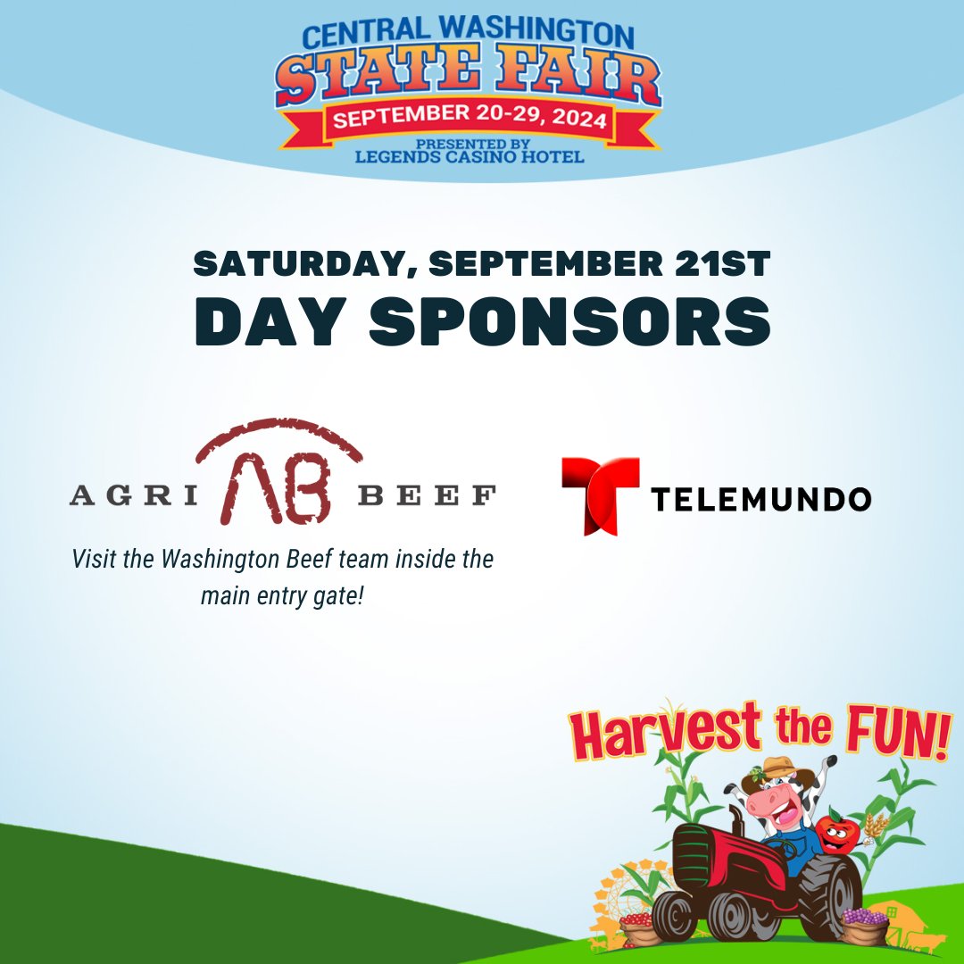 Thank you, Agri Beef and Telemundo for being our Day Sponsors for Saturday, September 21st! Visit the Washington Beef team inside the main entry gate!🥩

Fair Hours: Noon-11pm | Carnival Wristbands: $45 | Carnival Hours: Noon-11pm
